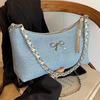 Tooxika Маленькая сумка через подмышку Женская новая модная универсальная сумка через плечо Сумка-багет через плечо с цепочкой темно-синий