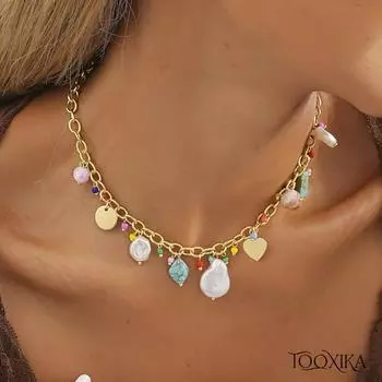 Tooxika модное красочное ожерелье из натурального камня с рисовой жемчужиной и ракушкой, универсальное женское ожерелье с геометрическим рисунком