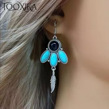 Tooxika Новые художественные женские серьги в стиле ретро-богем с инкрустацией из бирюзовых перьев и кисточками