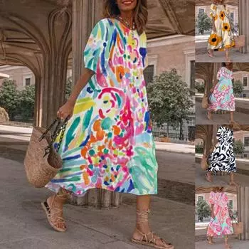 Tooxika Новое праздничное повседневное платье с круглым вырезом и свободной талией с принтом и короткими рукавами для женщин L