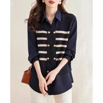 Tooxika New Style Temperament Commuting Fake Two Piece Stitching Sweater Women s Knitted Sweater Top L армия зеленый