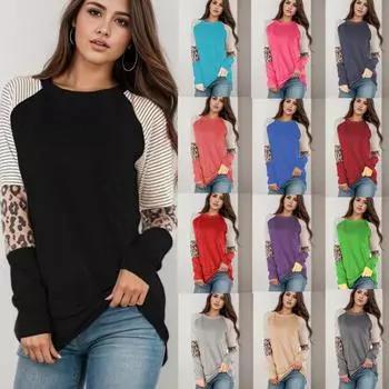 Tooxika Новые женские топы с длинным рукавом, леопардовый принт, цветные полосатые футболки с круглым вырезом и длинными рукавами L чёрный