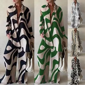 Tooxika, новая модная рубашка с длинными рукавами с принтом, прямые брюки, повседневный комплект из двух предметов L