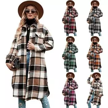 Tooxika Новая осенне-зимняя ветровка для поездок на работу, верхняя одежда для женщин с лацканами, свободное шерстяное пальто в клетку L зелёный