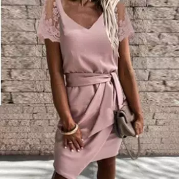 Tooxika Новое обтягивающее платье средней талии с V-образным вырезом и короткими рукавами из кружева L