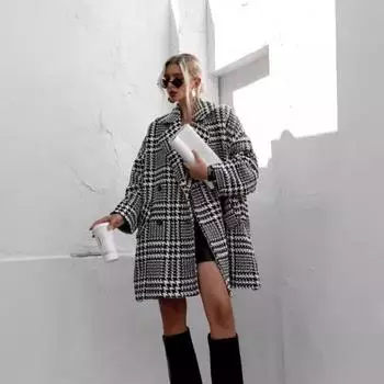 Tooxika Новое осенне-зимнее пальто с утолщенной подкладкой Шерстяное пальто с узором «гусиная лапка» L абрикосовый