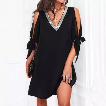 Tooxika Новое платье большого размера с открытыми плечами, V-образным вырезом, пайетками, сращиванием, однотонной шнуровкой, шифоновой прямой юбкой M