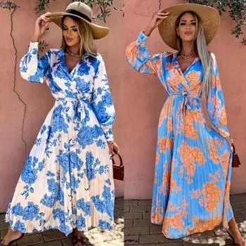 Tooxika Новое платье с длинными рукавами, принтом на талии и плиссированной длинной юбкой L