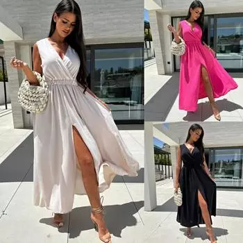 Tooxika Новое праздничное однотонное платье без рукавов с V-образным вырезом, длинное женское платье до талии L