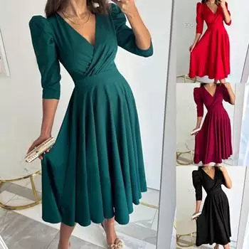 Tooxika Новое пригородное платье-трапеция с V-образным вырезом и рукавами-фонариками L