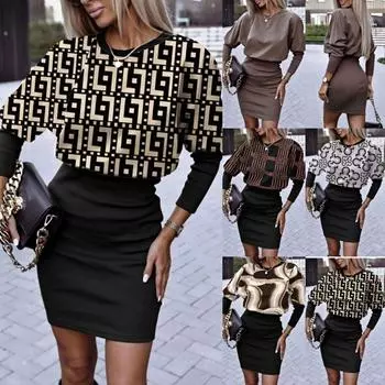 Tooxika Новое стильное сексуальное облегающее талию и бедра с круглым вырезом и длинными рукавами с принтом L