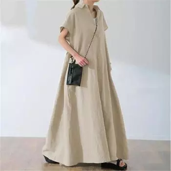 Tooxika Новое женское однотонное платье из хлопка и льна с короткими рукавами, свободная рубашка с лацканами, длинная юбка S