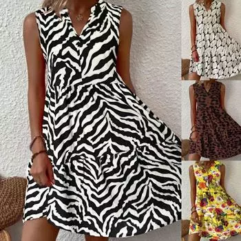 Tooxika Новое женское платье без рукавов с V-образным вырезом и принтом, свободное платье-жилет А-силуэта со свободной талией L