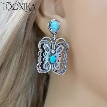 Tooxika Новые стильные инкрустированные бирюзовые литературные ретро-серьги-бабочки Классические серьги в стиле бохо
