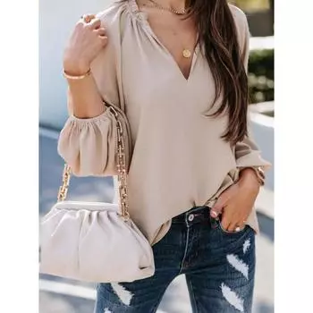 Tooxika Новые топы большого размера с V-образным вырезом и длинными рукавами, повседневная однотонная рубашка с рукавами-фонариками для женщин L