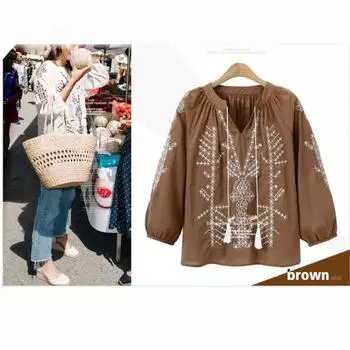 Tooxika Новые женские топы большого размера в этническом стиле с вышивкой, рубашка с кисточками и завязками XL коричневый