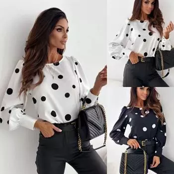 Tooxika Новые женские топы с длинным рукавом и круглым вырезом с принтом в горошек, пуловер, рубашка L