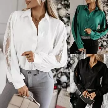 Tooxika Новые женские топы с длинными рукавами, пуговицами на лацканах и кружевными стежками для женщин L чёрный