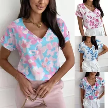 Tooxika Новые женские топы с короткими рукавами и V-образным вырезом с принтом из шифона, футболка для женщин L