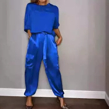 Tooxika Новый модный повседневный костюм женский атласный топ с коротким рукавом брюки костюм из двух частей L