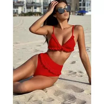 Tooxika, новый одинарный купальник, женский разделенный купальник, сексуальное однотонное бикини с высокой талией и оборками по краям