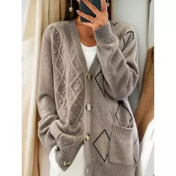 Tooxika Новый однотонный длинный рукав V-образный вырез вязаный кардиган на пуговицах жаккардовый свитер куртка для женщин L
