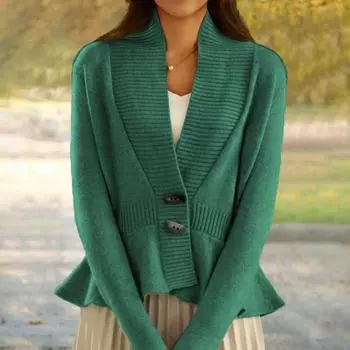 Tooxika Новый однотонный ретро вязаный кардиган женский свитер с V-образным вырезом и оборками по подолу L