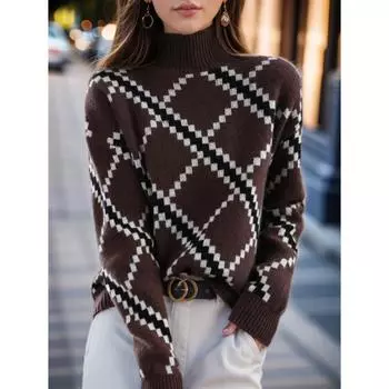 Tooxika Новый полуводолазка контрастный жаккардовый свитер женский ретро-пуловер вязаный свитер топ L