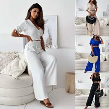 Tooxika Новый праздничный повседневный комплект из двух предметов: однотонный топ с короткими рукавами и широкие брюки L