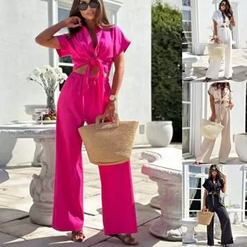 Tooxika Новый праздничный повседневный комплект из двух предметов: однотонный топ с короткими рукавами и широкие брюки L