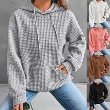 Tooxika Новый стиль однотонный топ с капюшоном и длинными рукавами повседневная толстовка с вафельным карманом для женщин L абрикосовый