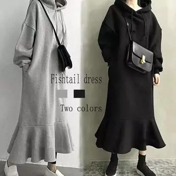 Tooxika Новый стиль Повседневный свободный свитер с капюшоном Платье длиной до колена Женская юбка-рыбий хвост L чёрный
