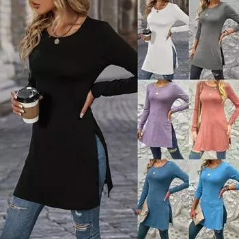 Tooxika Новый стиль Топы с длинными рукавами Slim Fit Однотонная длинная футболка с разрезом L чёрный