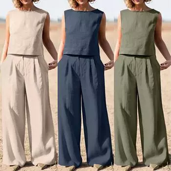 Tooxika, новый женский повседневный комплект из топа и брюк с короткими рукавами из хлопка и льна, комплект из двух предметов L