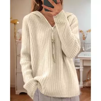 Tooxika осень и зима новый полуоткрытый воротник молния однотонный длинный рукав трикотажный свитер с капюшоном L