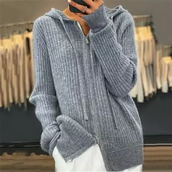 Tooxika осень и зима новый повседневный однотонный свитер с капюшоном и длинными рукавами вязаный свитер куртка на молнии свитер кардиган L чёрный