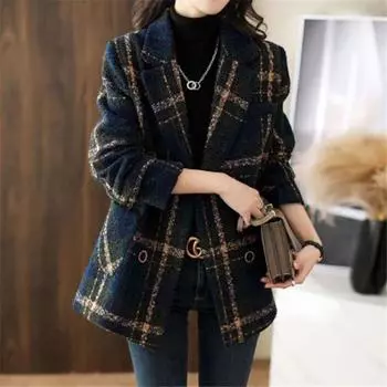 Tooxika осень и зима новый ретро британский стиль цветной клетчатый пиджак двубортный шерстяное пальто для женщин L