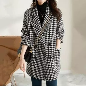 Tooxika осень и зима новый ретро клетчатый костюм воротник куртка двубортный ломаная клетка шерстяное пальто для женщин L