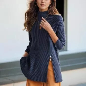 Tooxika осень и зима новый стиль полуводолазка однотонный длинный рукав вязаный пуловер молния разрез свитер для женщин L чёрный