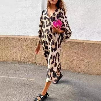 Tooxika Осенняя новая мода леопардовый принт V-образный вырез свободное платье с длинным рукавом принтованное длинное платье L