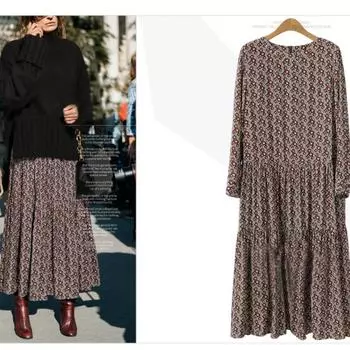 Tooxika Осенняя новая женская одежда большого размера Цветочное платье Женское длинное рукава Свободная юбка L