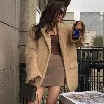 Tooxika Свободное Пальто с Отворотами Плюшевое Пальто 2024 Осень И Зима Горячий Стиль Длинные Рукава Пальто Для Женщин L серый