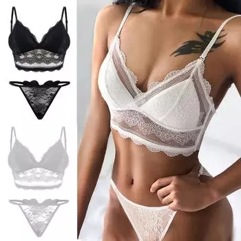 Tooxika TooxikaЖенское модное нижнее белье с глубоким v-образным вырезом и полым кружевным бельем, комплект из двух предметов, комплект из бюстгальтера и трусиков с цветочным принтом