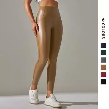 Tooxika Высокая талия Подтяжка бедер Талия живота PU Кожаные штаны Йога Bottoming Кожаные штаны Nine-point Брюки L