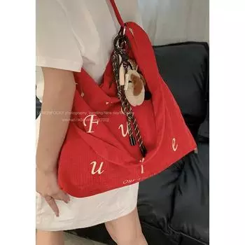 Tooxika Women s New Embroidered Letters Corduroy Tote Bag Large Capacity Messenger Bag
