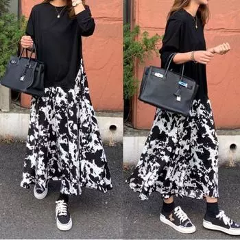 Tooxika женская футболка большого размера с длинным рукавом, с принтом, большое свободное платье с круглым вырезом, имитация двух частей, длинное платье XL