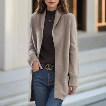 Tooxika Женская одежда 2024 года, осень и зима, новый стиль, лацкан, однотонный, с длинными рукавами, вязаный кардиган, свободный карман, свитер, куртка женская L чёрный