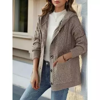 Tooxika Женская одежда 2024 Осень и зима Новый ретро жаккардовый однотонный вязаный кардиган женский повседневный свитер с капюшоном куртка L верблюд