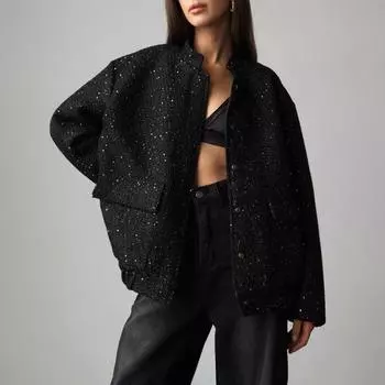 Tooxika Женская осенне-зимняя куртка из шелка с пайетками, воротником-стойкой, свободным карманом, пальто с пайетками L
