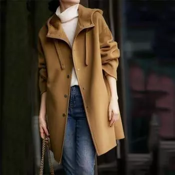 Tooxika женская осенне-зимняя новая куртка для поездок на работу с капюшоном и длинными рукавами, повседневное однотонное шерстяное пальто L чёрный